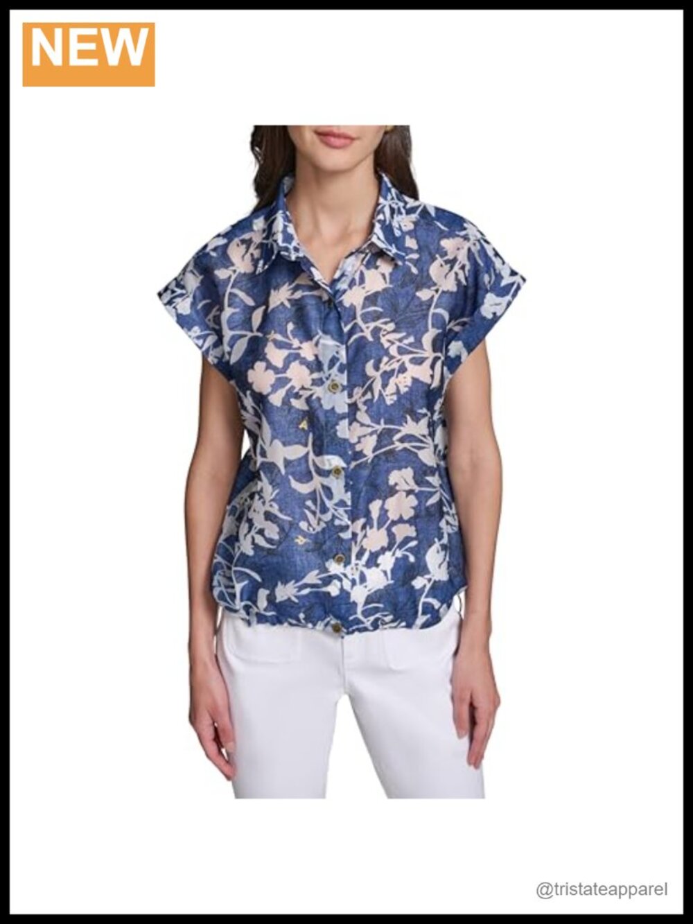 Women's Short Sleeve Floral Print Blouse with Bungee Cords, Collared Neck,